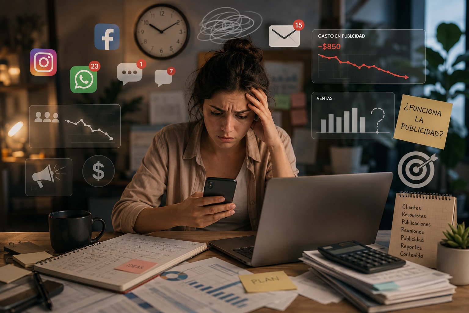 Mujer agobiada revisando el celular con notificaciones de redes, mensajes sin responder y gasto en publicidad cayendo