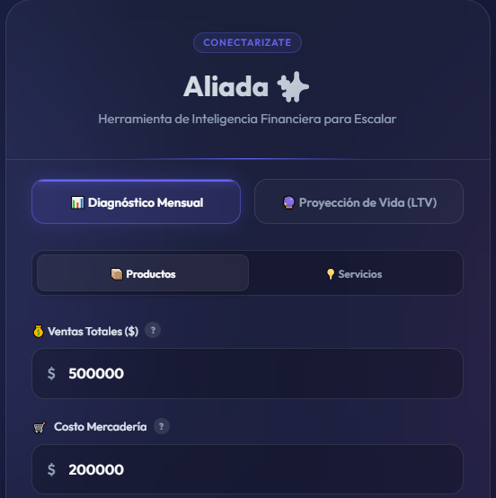 Captura de la herramienta Aliada mostrando el diagnóstico mensual de ventas, costos e inversión