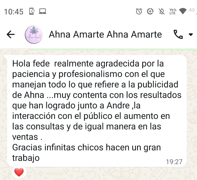 Captura de un mensaje de WhatsApp agradeciendo el manejo de la publicidad y el aumento en consultas y ventas