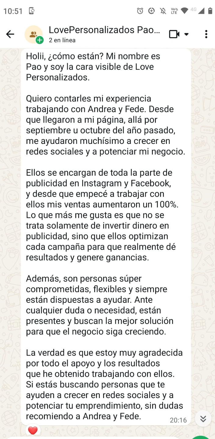 Captura de un mensaje de WhatsApp contando que las ventas aumentaron trabajando con Conectarizate