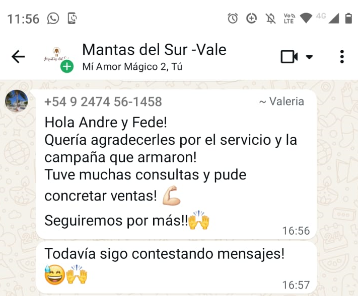 Captura de un mensaje de WhatsApp agradeciendo la campaña y contando que se concretaron ventas